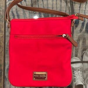 Tommy Hilfiger Red and Brown Crossbody Bag with Leather Accents